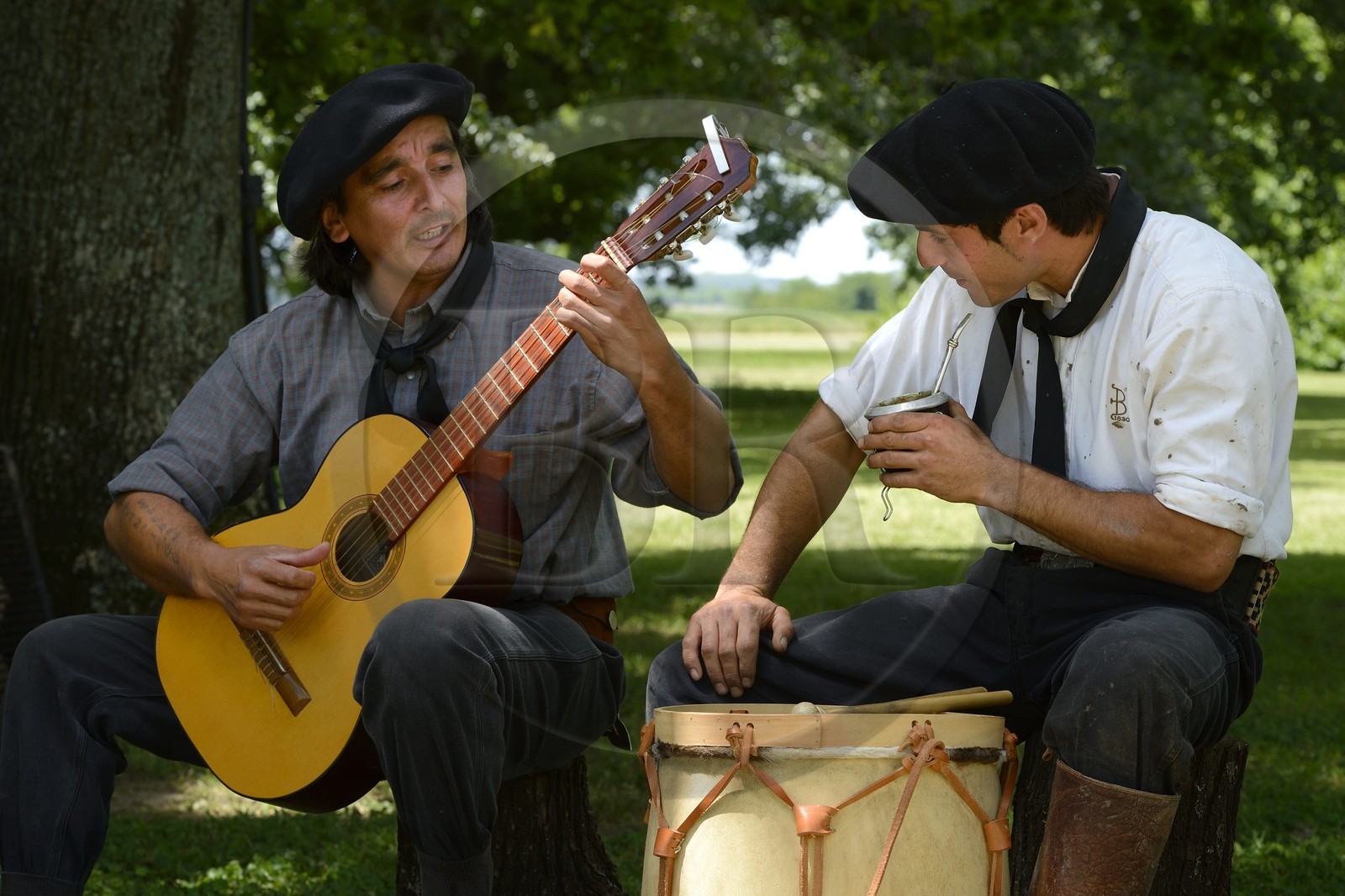 Argentine, province de Buenos Aires, San Antonio de Areco, estancia La Bamba de Areco, gauchos au campement, c'est le temps de la musique et des chants Estilos et Milongas