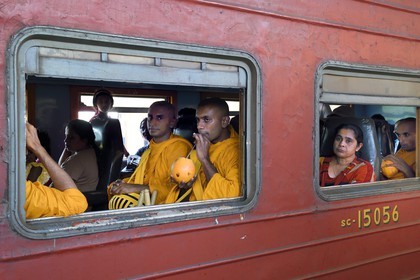 Sri Lanka, Southern Province, buddhist monks drinking coconut milk in the train from Colombo to Galle