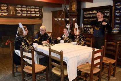 France, Finistere, Locronan, labelled Les plus Beaux Villages de France (The Most Beautiful Villages of France), final preparations in traditional costumes the morning of the procession of the small Troménie in the Louboutin family farm