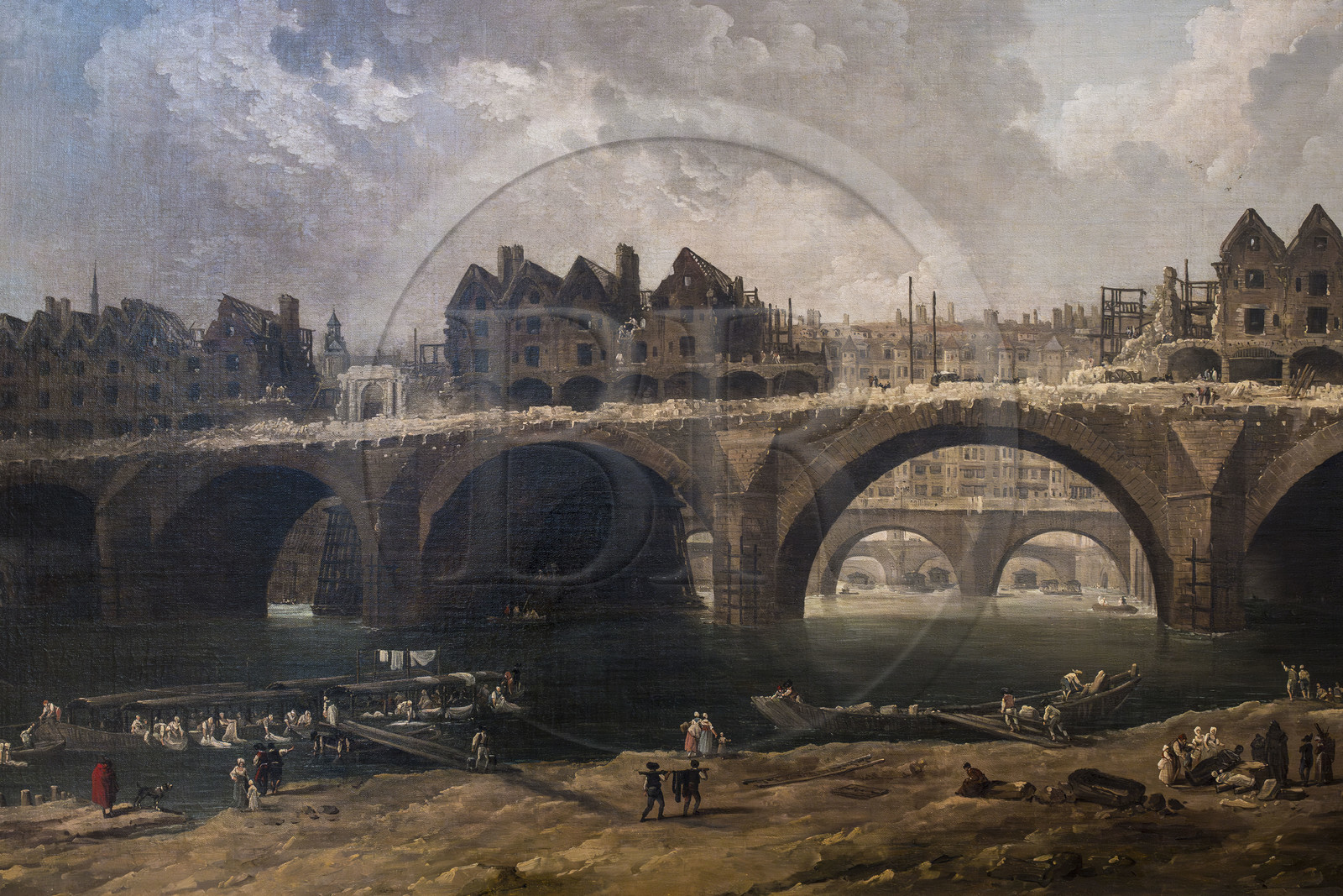 France, Paris (75), quartier du Marais, Musée Carnavalet, tableau représentant la démolition des maisons du Pont Notre-Dame à Paris sous le règne de Louis XVI par le peintre Hubert Robert (1786)