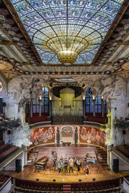 Spain, Catalonia, Barcelona, Palau de la Musica Catalana (Catalan Music Palace), concert hall designed by the architect of Catalan modernism Lluis Domènech i Montaner, a UNESCO World Heritage Site, large glass roof, stained glass dome work of Antoni Rigalt i Blanch