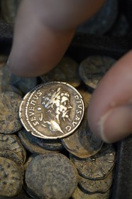 Israel, Jerusalem, holy city, the old town listed as World Heritage by UNESCO, penny, coin at the name of the Roman Emperor Lucius Septimius Severus (193-211)