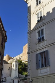 France, Corse du Sud, Bonifacio, St. Erasmus church tower in the lower town at the foot of the citadel