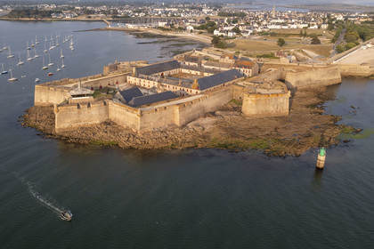 France, Morbihan, Port-Louis, Port Louis Citadel modified by Vauban, at Lorient harbour entrance, museum of the Compagnie des Indes (aerial view)