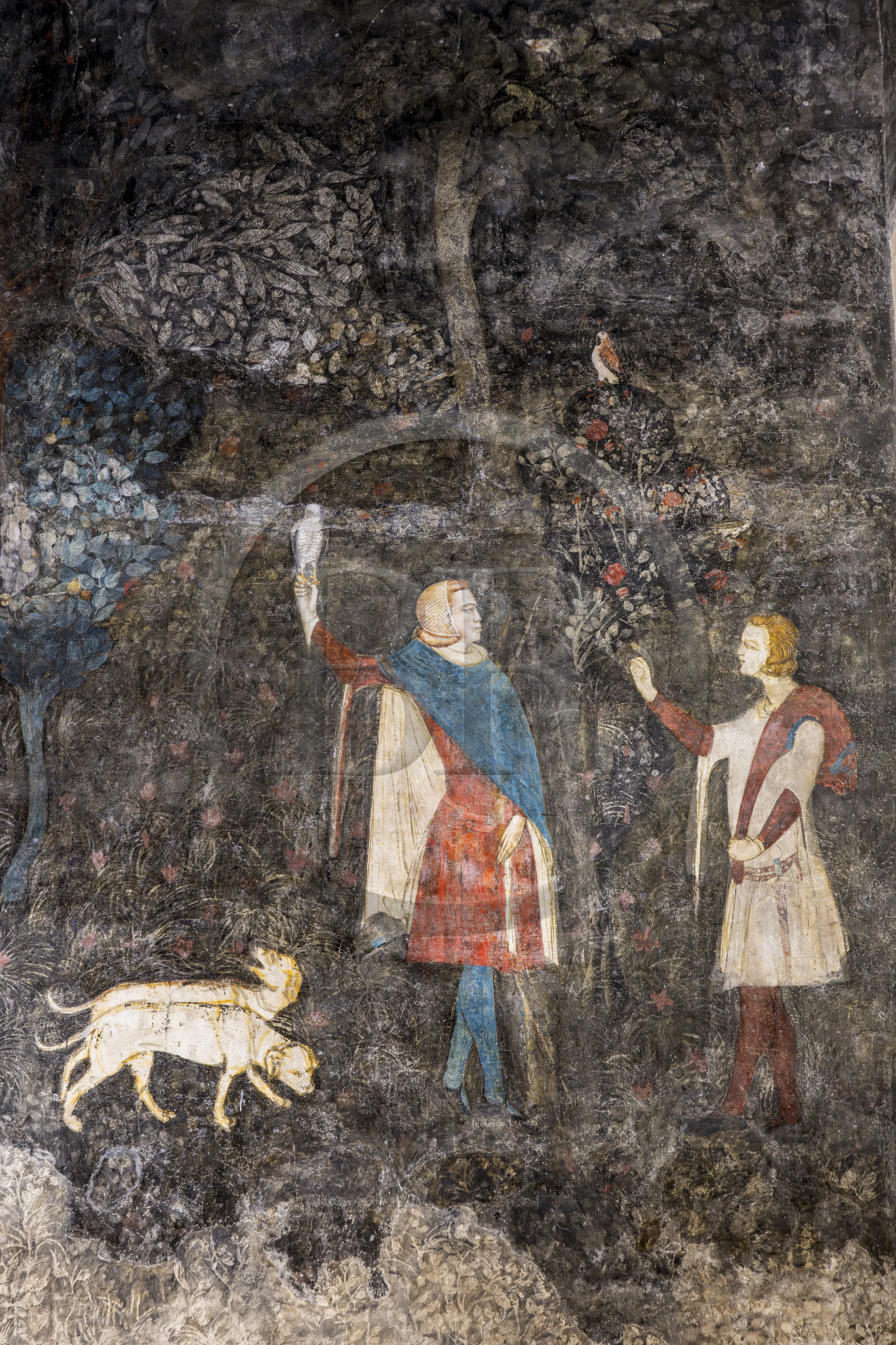 France, Vaucluse (84), Avignon, Palais des Papes classé Patrimoine mondial de l'UNESCO, tour de la Garde-Robe, chambre du Cerf, studium ou cabinet de travail de Clément VI, qui évoque dans un panorama ininterrompu les plaisirs seigneuriaux dont diverses techniques de chasse et de pêches, chasse au faucon