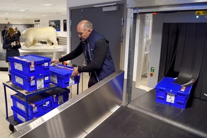 Norway, Svalbard, Spitzbergen, Longyearbyen, Svalbard Global Seed Vault (Seed Bank), arrival and scanning of seeds at the airport baggage claim area performed by NordGen, a polar bear in the background