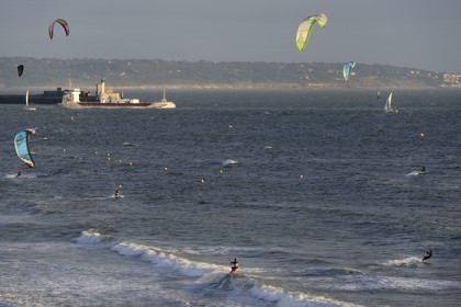 France, Seine Maritime, Le Havre, kitesurfing on the main beach at the harbor entrance