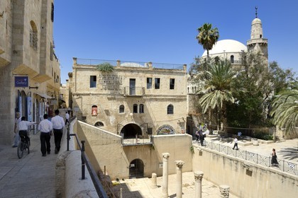 Israel, Jerusalem, holy city, the old town listed as World Heritage by UNESCO, the jewish quarter, the Cardo was the main street during the Byzantine period, right the minaret Sidna Omar and the Hurva Synagogue