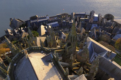 France, Manche (50), Mont-Saint-Michel, classé Patrimoine Mondial de l'UNESCO, chevet et la baie vus depuis la flèche à l'aube