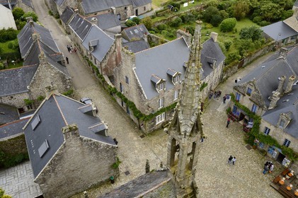 France, Finistere, Locronan, labelled Les plus Beaux Villages de France (The Most Beautiful Villages of France), the rue Saint Maurice arriving in church Square