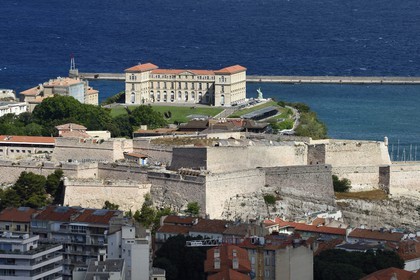 France, Bouches du Rhone, Marseille, Pharo district, entrance of the Vieux Port, palais du Pharo and Fort Saint-Nicolas in the foreground