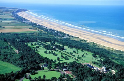 France, Calvados, Cote de Nacre, Colleville-sur-Mer, Omaha Beach, one of the beaches of the Normandy Landings during the Second World War, the American cemetery (aerial view)