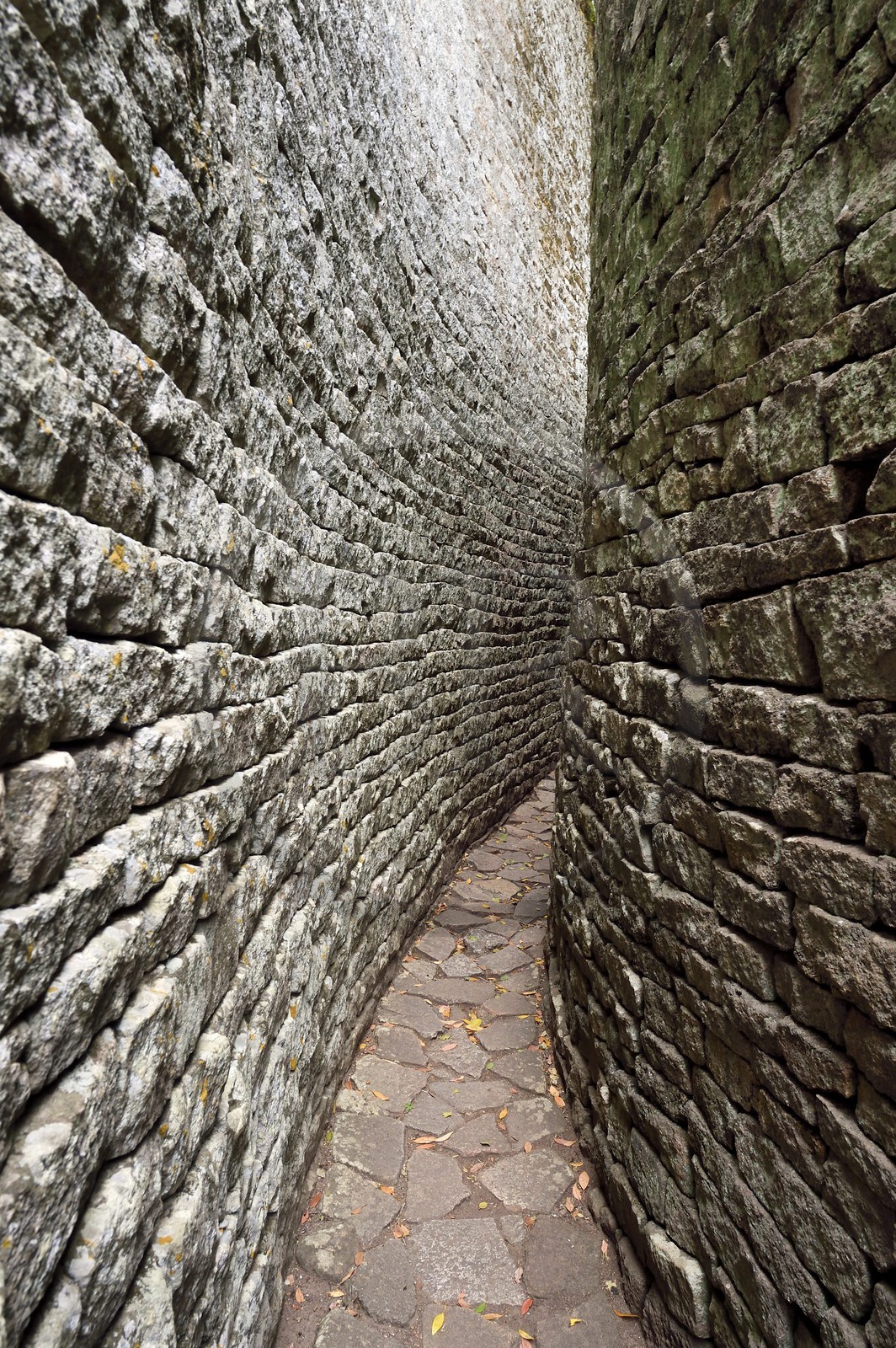 Zimbabwe, province de Masvingo, les ruines du site archéologique du Grand Zimbabwe, classé Patrimoine Mondial de l'UNESCO, Xème au XVème siècle, le Grand Enclos, passage resserré entre deux murailles