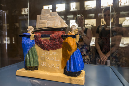 France, Morbihan, Port-Louis, Port Louis Citadel, national maritime museum, part dedicated to sea rescue SNSM, group of ex-voto holders by Mathurin Méheut, earthenware circa 1930