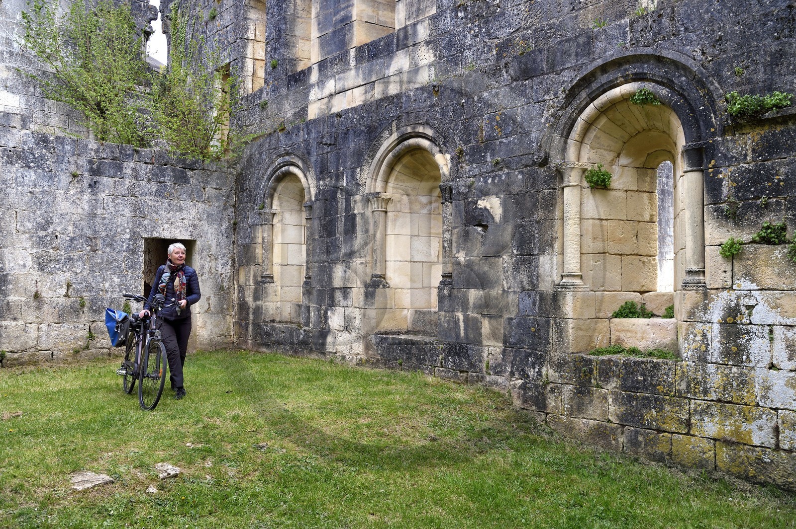 France, Dordogne (24), Périgord Vert, Villars, cycliste parcourant la Flow Vélo dans les ruines de l'abbaye cistercienne de Boschaud du XIIème siècle qui dépendait de l'abbaye de Clairvaux