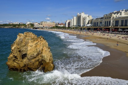 France, Pyrenees Atlantiques, Basque Country, Biarritz, the Grande Plage (town's largest beach), the casino and the Hotel du Palais in the background
