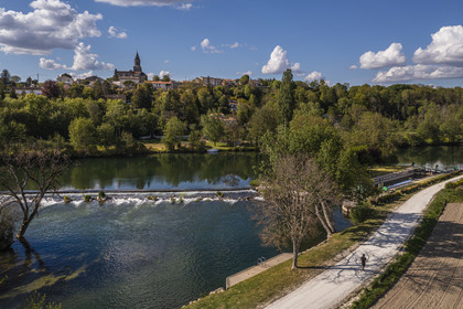 France, Charente, Saint-Simeux, The Charente river bordered by the towpath which has now become the Flow Vélo cycle route, the village and the lock in the background (aerial view)