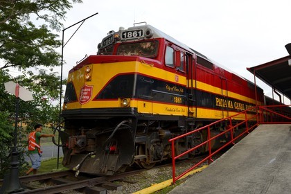 Panama, Panama Canal Railway at the departure of Panama City, Historic train which runs between Panama City & Colon along the Panama Canal