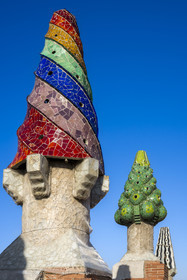 Spain, Catalonia, Barcelona, the Güell Palace (Palau Güell) built between 1886 and 1891 by the Catalan modernist architect Antoni Gaudi, a UNESCO World Heritage site, chimneys and ventilation towers on the roof terrace
