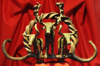 Turkey, Central Anatolia, Ankara, Anadolu Medeniyetleri Muzesi (Museum of Anatolian Civilizations), Bronze standard of Alaca Hoyuk decorated with a deer surrounded by bovids around 2300 BC