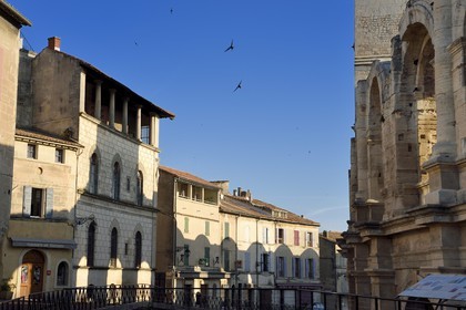 France, Bouches du Rhone, Arles, Palais de Luppé (columns), a 17th century mansion facing the Arena, Roman Amphitheatre 80-90 AD, Historical monument, listed as World Heritage by UNESCO