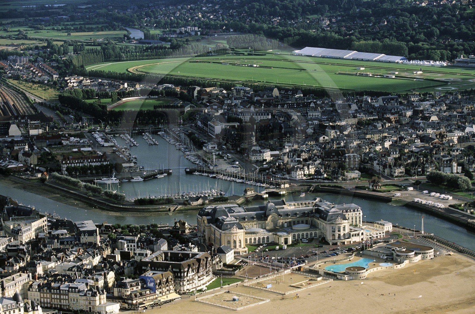 France, Calvados (14), Pays d'Auge, Trouville, le Casino à l' embouchure du touques, (vue aérienne)