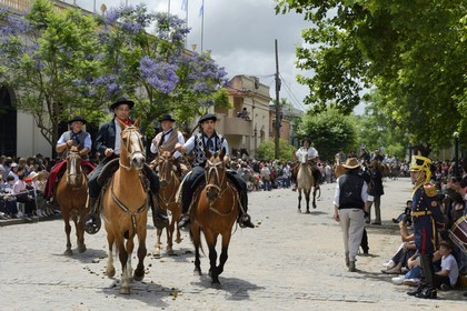 Argentine, province de Buenos Aires, San Antonio de Areco, fête du Jour de la Tradition (Dia de la Tradicion), gauchos à cheval défilant en habit traditionnel