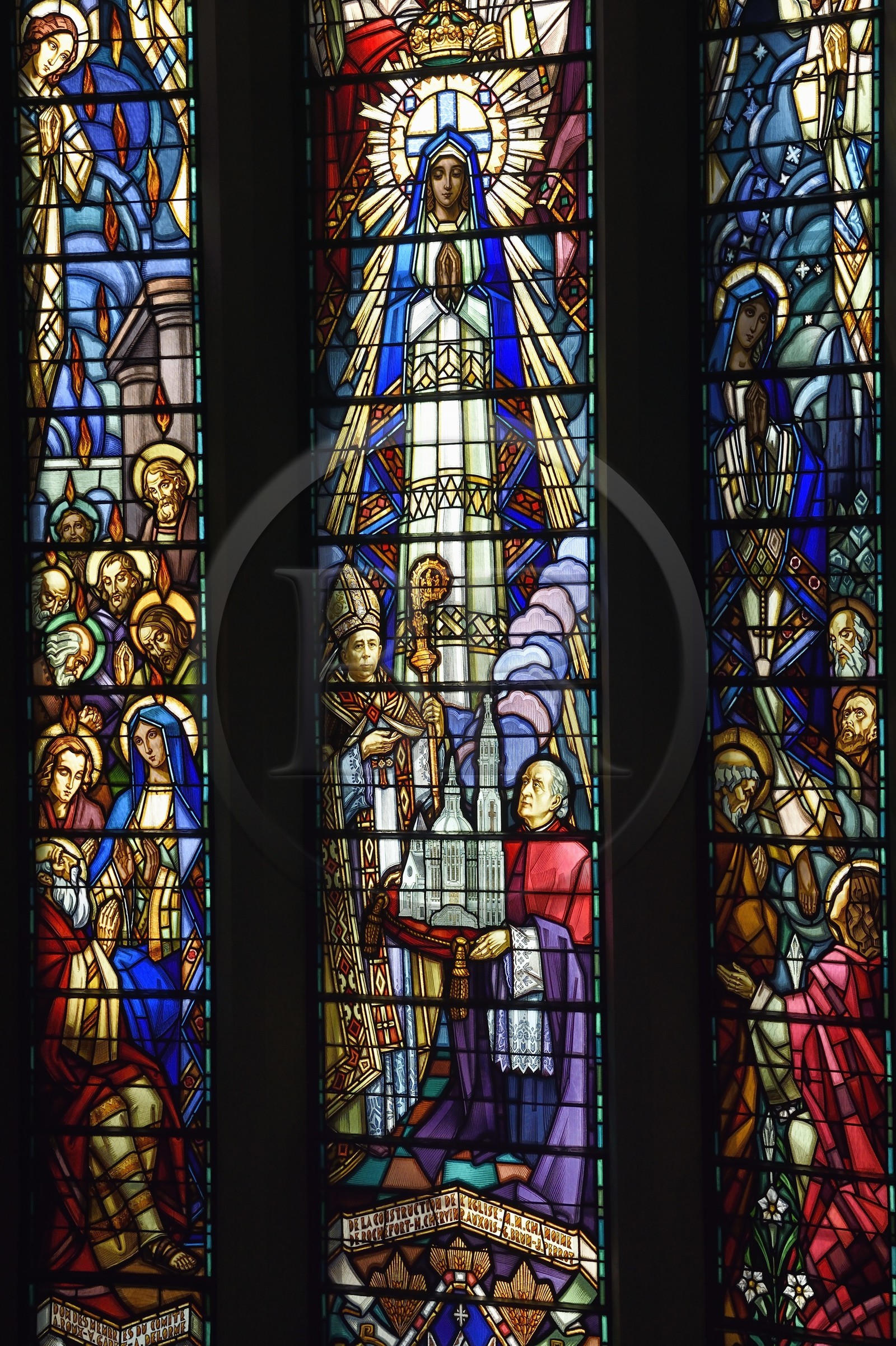 France, Allier (03), Vichy, Notre Dame des Malades (Our Lady of the Sick) church and Saint Blaise church, vitraux réalisés par les frères Mauméjean en 1933, detail of the Coronation of the Virgin showing the church offering to the bishop