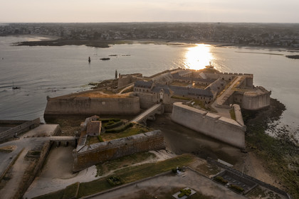 France, Morbihan, Port-Louis, Port Louis Citadel modified by Vauban, at Lorient harbour entrance, museum of the Compagnie des Indes, Larmor-Plage in the background (aerial view)