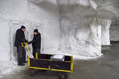 Norway, Svalbard, Spitzbergen, Longyearbyen, Svalbard Global Seed Vault (Seed Bank), antechamber of the 3 storage areas dug in the rock and at a constant temperature of -4°C provided by the permafrost, access door at the storage room artificially maintained at -18°C