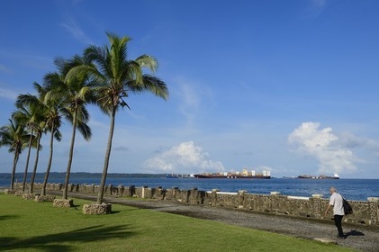 Panama, Colon province, city of Colon, cargo ships waiting to enter the Panama Canal seen from the Washington Hotel waterfront