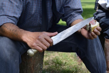 Argentine, province de Buenos Aires, San Antonio de Areco, estancia La Bamba de Areco, gaucho au campement avec son facon (large et long couteau)