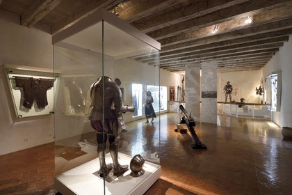 France, Dordogne, Perigord Noir, Dordogne Valley, Castelnaud la Chapelle, labelled Les Plus Beaux Villages de France (The Most Beautiful Villages of France), Castelnaud-la-Chapelle Castle, the war museum in the Middle Ages