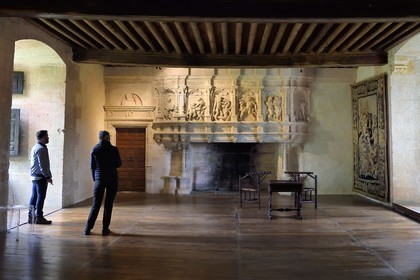 France, Dordogne, Périgord Vert, Villars, Puyguilhem castle, the Great Hall with its fire-place depicting the labours of Hercules