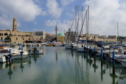 Israel, North district, Galilee, Acre (Akko), old town, listed as World Heritage by UNESCO, the Ottoman city, the port and the tower of the caravanserai Khan al Umdan