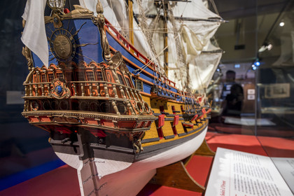 France, Morbihan, Port-Louis, Port Louis Citadel, museum of the Compagnie des Indes, model of the ship Le Soleil d'Orient, the first large commercial vessel built in Lorient on behalf of the Compagnie des Indes at the end of the 17th century