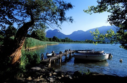 France, Haute Savoie, small boats on Annecy lake at Bout du Lac