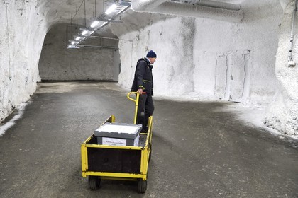 Norway, Svalbard, Spitzbergen, Longyearbyen, Svalbard Global Seed Vault (Seed Bank), antechamber of the 3 storage areas dug in the rock and at a constant temperature of -4°C provided by the permafrost, access door at the storage room artificially maintained at -18°C