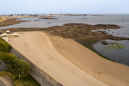 France, Morbihan, Port-Louis, the large beach of Port-Louis at the foot of the ramparts (aerial view)
