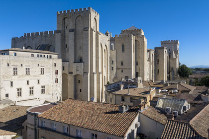France, Vaucluse, Avignon, Palais des Papes (Palace of the Popes) listed as World heritage by UNESCO, the eastern facade (aerial view)