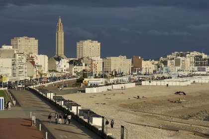 France, Seine Maritime, Le Havre, listed as World Heritage by UNESCO, the city center around the Lantern tower of Saint Joseph church seen from Sainte-Adresse