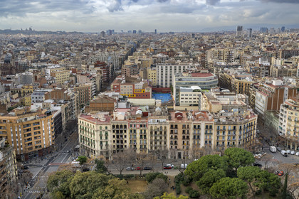 Spain, Catalonia, Barcelona, Eixample district, Sagrada Familia basilica by Catalan modernist architect Antoni Gaudi, listed as a UNESCO World Heritage Site, view of the city from one of the towers of the Passion facade to the west