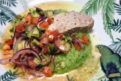 France, Mild steamed back of tuna virgin sauce with lime citrus fruit and zucchini mousseline with lime citrus fruit