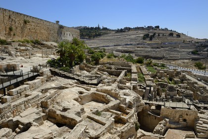Israel, Jérusalem, ville sainte, vieille-ville classée Patrimoine Mondial de l'UNESCO, Le Mont du Temple vu du Centre Davidson, mur de soutènement sud de l'esplanade du Temple construite par Hérode Ier le Grand et le Mont des Oliviers en arrière plan