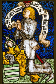 France, Paris, Musée de Cluny - Musée national du Moyen-Age (Middle Ages Museum in the former Hotel de Cluny), stained glass representing Jacques de Fleckenstein as a donor, from the Saint Georges de Haguenau church (Bas Rhin), between 1496 and 1514