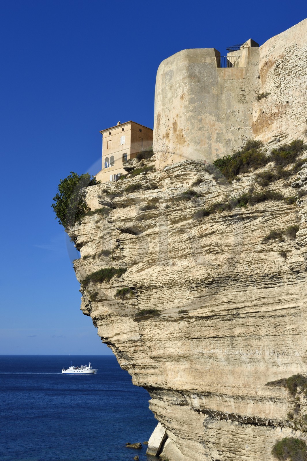 France, Corse-du-Sud (2A), Bonifacio, la vieille ville ou Haute Ville perchée sur des falaises de calcaire de plus de 60 mètres de haut