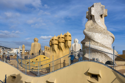 Spain, Catalonia, Barcelona, Eixample district, Passeig de Gracia, Pedrera or Casa Mila (1905-1910) by the Catalan modernist architect Antoni Gaudi, UNESCO World Heritage site, chimneys and ventilation towers on the roof terrace of the building