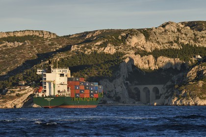 France, Bouches du Rhone, Marseille, container ship