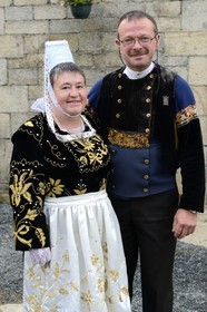 France, Finistere, Locronan, labelled Les plus Beaux Villages de France (The Most Beautiful Villages of France), the Louboutin family in traditional costumes the morning of the procession of the small Troménie in front of the farm