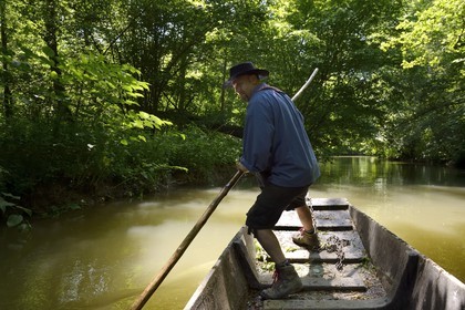France, Bas Rhin, Ebersmunster and Muttersholtz region, the Ried, the boatman Patrick Unterstock in a small flat wooden bottom boat on the Ill river